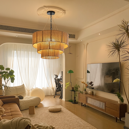 Modern 3-Tier Natural Jute Rope Chandelier - Layered Boho Drum Pendant Light