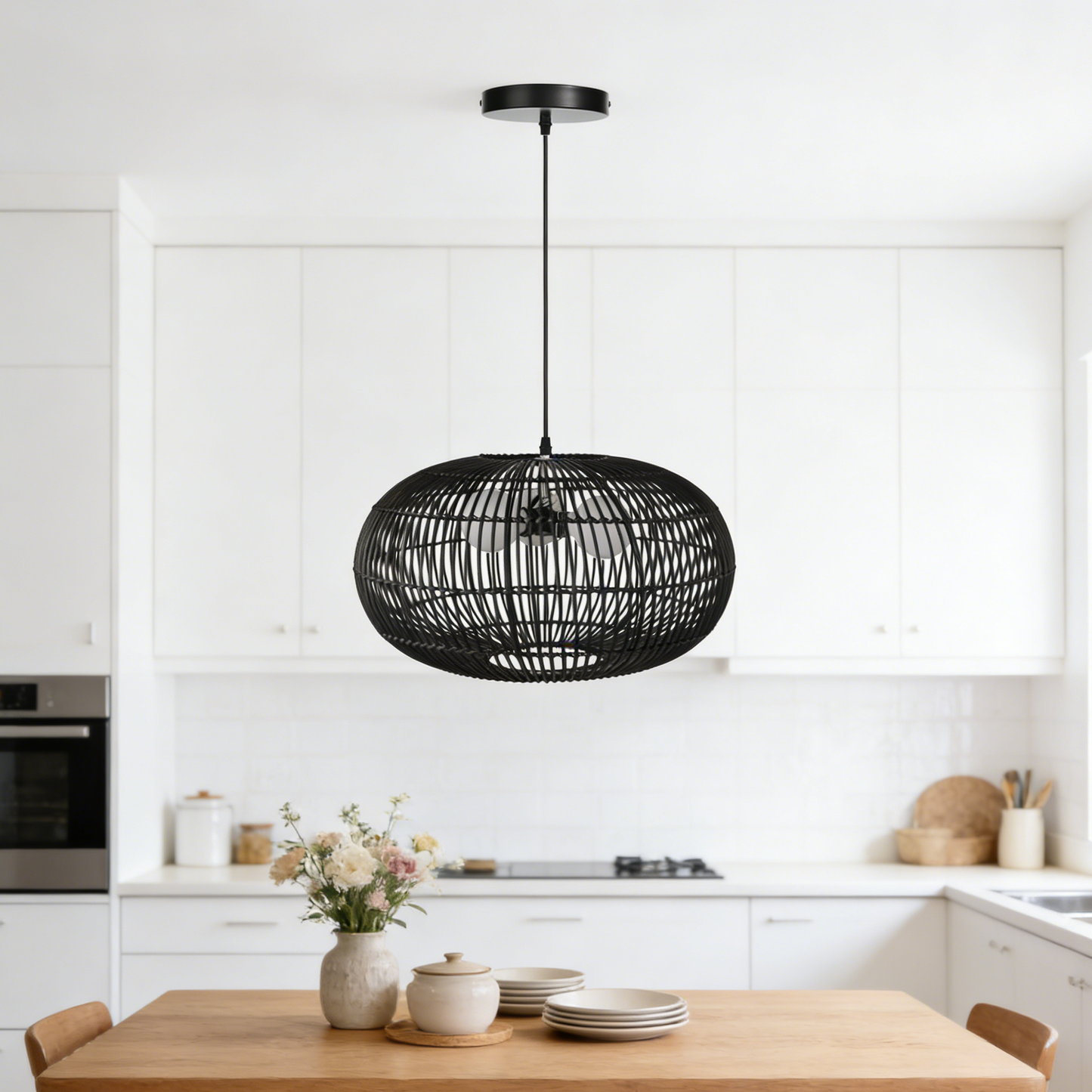 3-Light Oval Rattan Pendant Light Black Boho Ceiling Fixture-[Modern pendant lighting for bedroom and living space]-Demolights UK