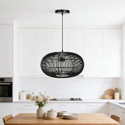 3-Light Oval Rattan Pendant Light Black Boho Ceiling Fixture-[Modern pendant lighting for bedroom and living space]-Demolights UK