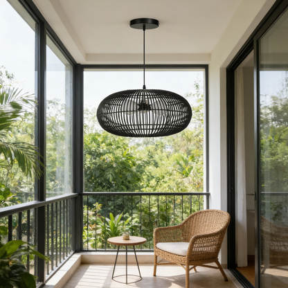 3-Light Oval Rattan Pendant Light Black Boho Ceiling Fixture