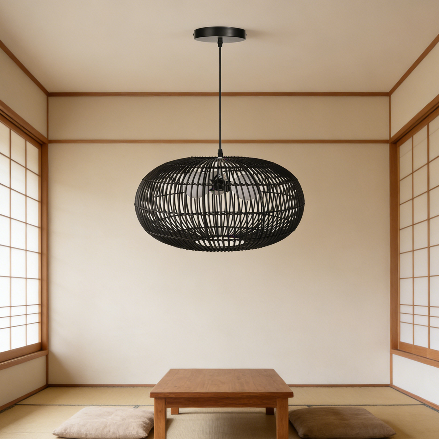 3-Light Oval Rattan Pendant Light Black Boho Ceiling Fixture