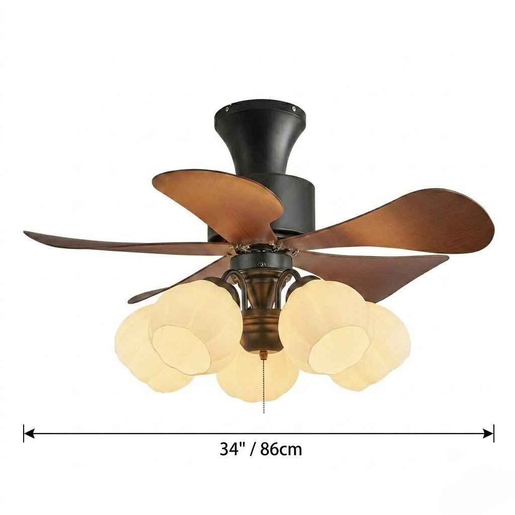 Nordic Wood Effect Ceiling Fan with Light, Frosted Flower Glass Shades for Bedroom & Living Room