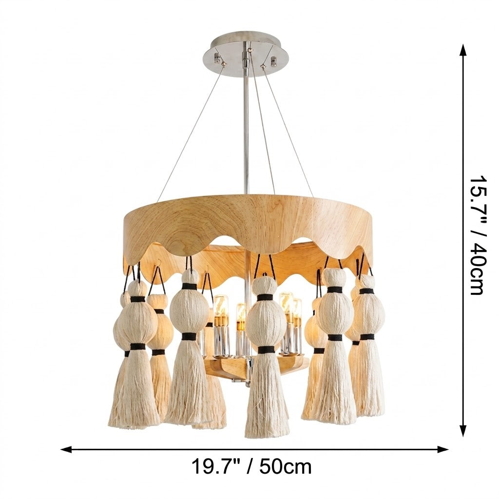 Modern Rustic Wood Tassel Chandelier - 6-Light Pendant