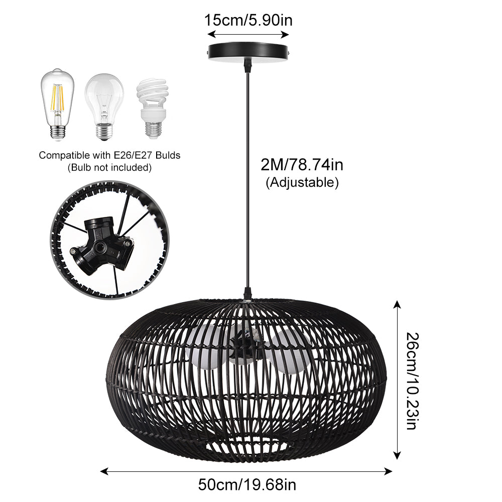 3-Light Oval Rattan Pendant Light Black Boho Ceiling Fixture