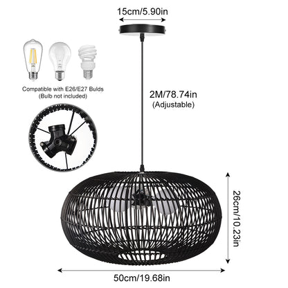 3-Light Oval Rattan Pendant Light Black Boho Ceiling Fixture