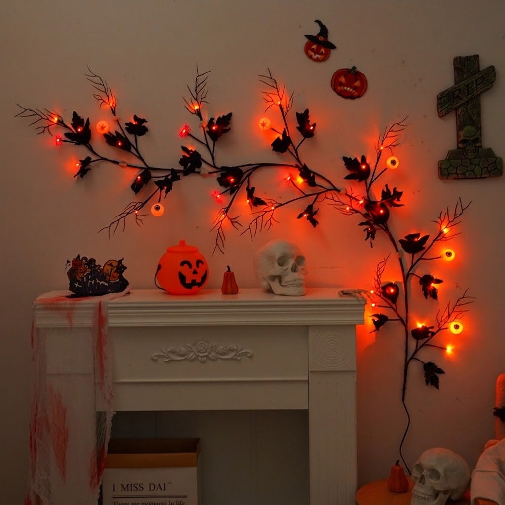 🕷️ Halloween Coral Branch & Black Maple Leaf String Lights