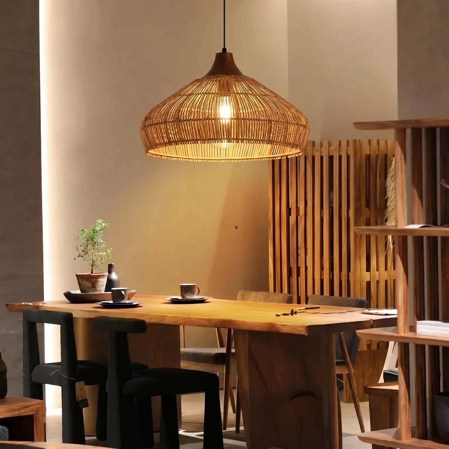 Wabi-sabi Retro Rattan Pendant Wicker Light Fixture Hand-Woven Coastal Boho Dome Lamp