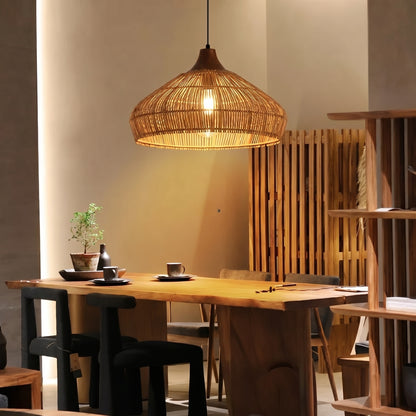 Wabi-sabi Retro Rattan Pendant Wicker Light Fixture Hand-Woven Coastal Boho Dome Lamp