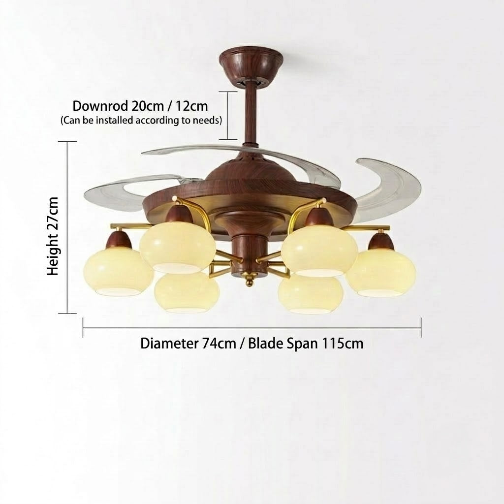 Retractable Ceiling Fan Light - Walnut & Glass Globes