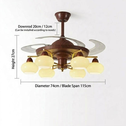 Retractable Ceiling Fan Light - Walnut & Glass Globes