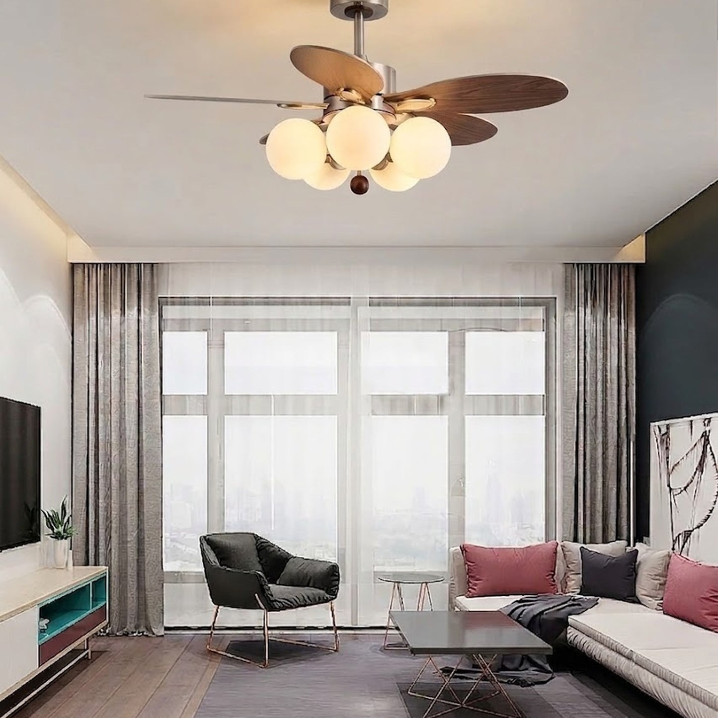 Modern Style Ceiling Fan with Light Iron & Glass Shades for Bedroom
