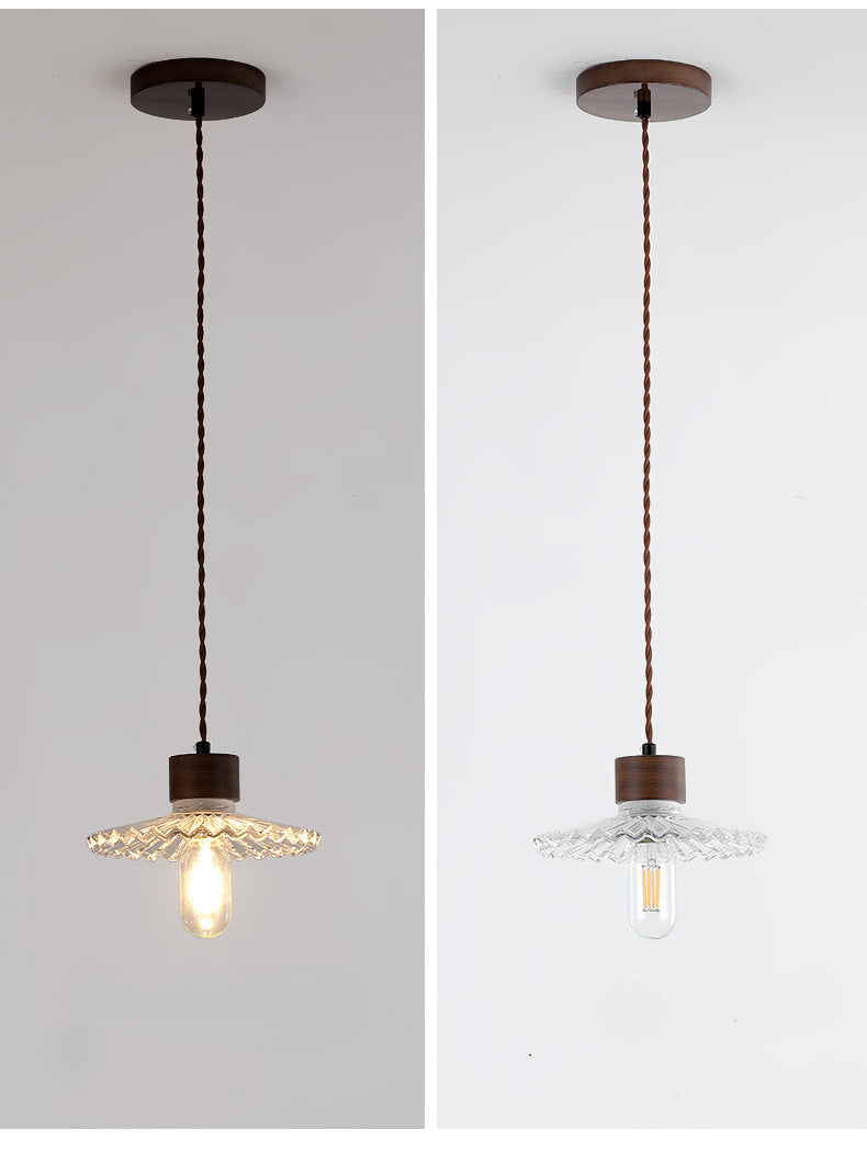 Light Luxury Simple Walnut Wood and Glass Pendant Light for Bedroom