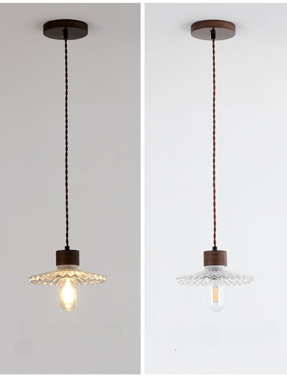 Light Luxury Simple Walnut Wood and Glass Pendant Light for Bedroom