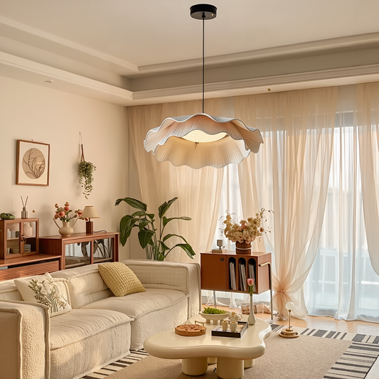 Modern 2-Tier Pleated Fabric Lotus Pendant Light - Japandi Floral Chandelier