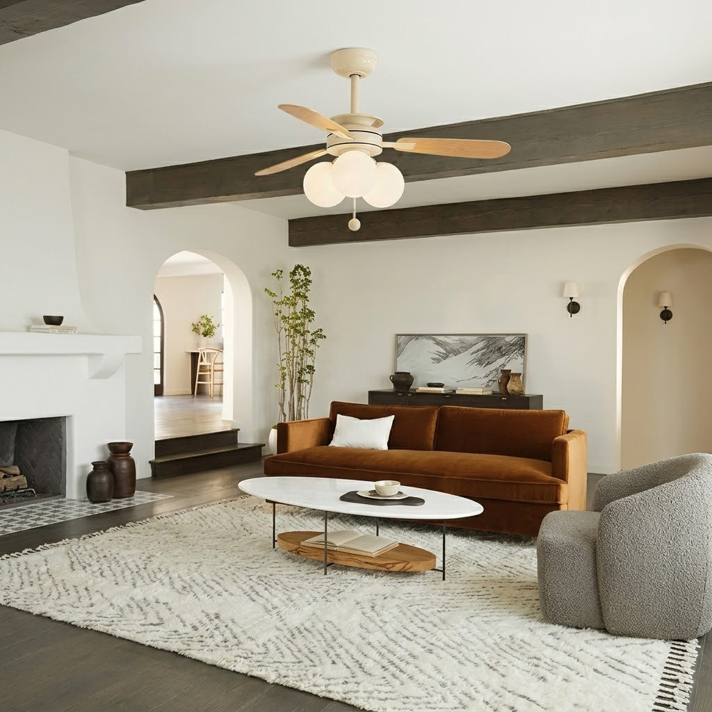 Modern Nordic Wooden Ceiling Fan with Light, 3 Glass Shades for Bedroom Living Room