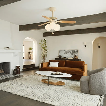 Modern Nordic Wooden Ceiling Fan with Light, 3 Glass Shades for Bedroom Living Room
