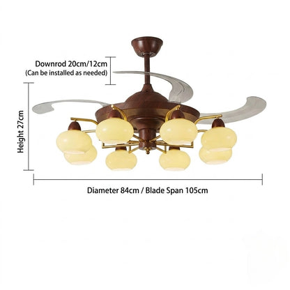 Retractable Ceiling Fan Light - Walnut & Glass Globes