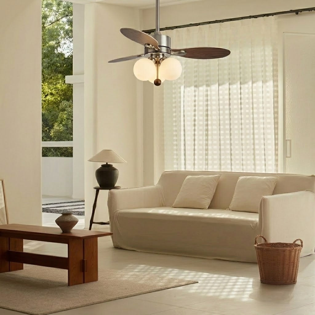 Modern Style Ceiling Fan with Light Iron & Glass Shades for Bedroom