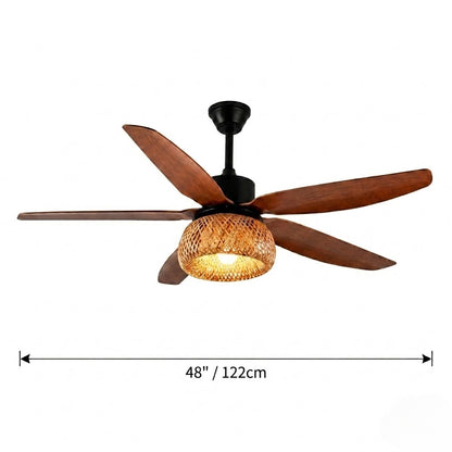 Modern Rustic Rattan Dome Shade Ceiling Fan with Light - 42"/48"/58" Remote Fan