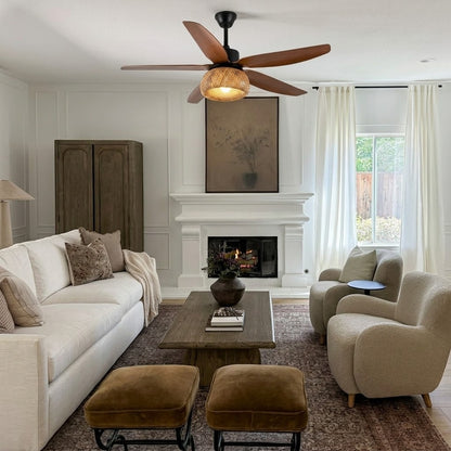Modern Rustic Rattan Dome Shade Ceiling Fan with Light - 42"/48"/58" Remote Fan