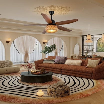Modern Rustic Rattan Dome Shade Ceiling Fan with Light - 42"/48"/58" Remote Fan