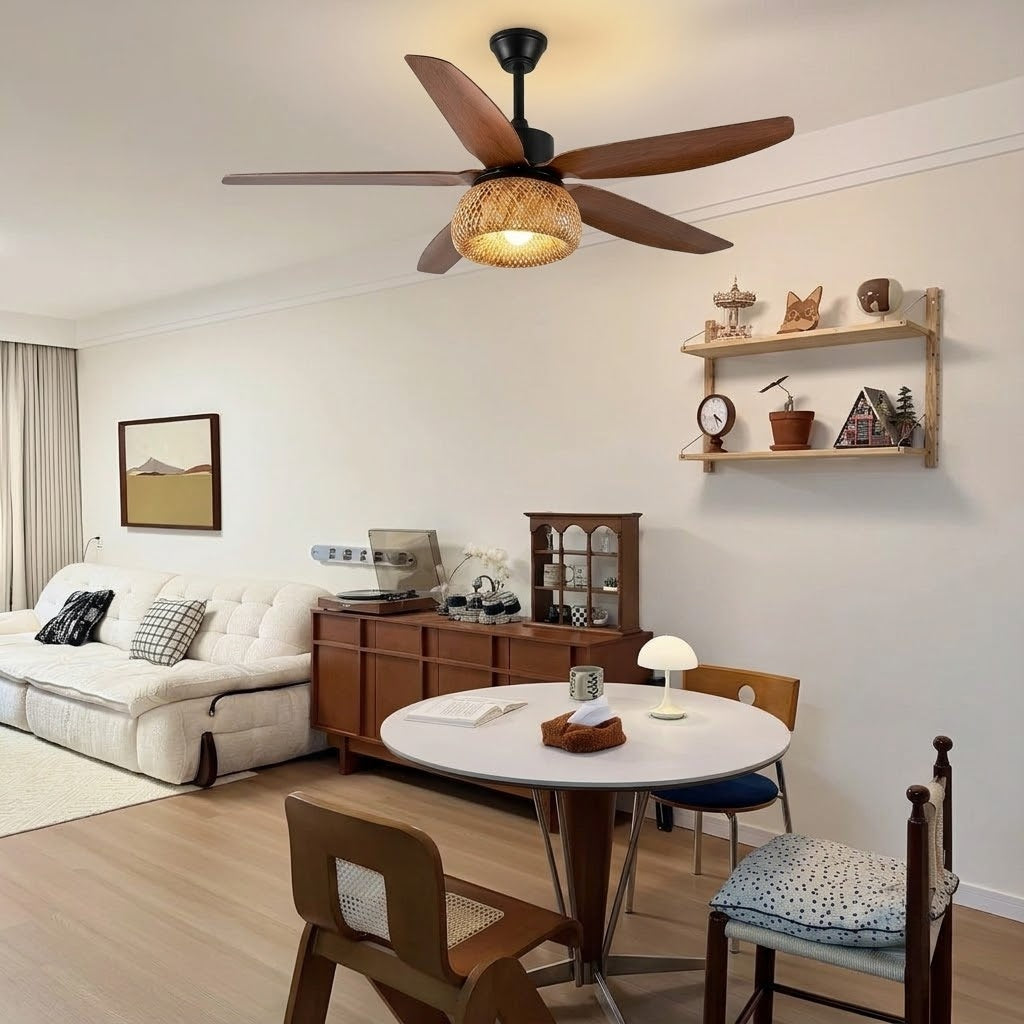 Modern Rustic Rattan Dome Shade Ceiling Fan with Light - 42"/48"/58" Remote Fan