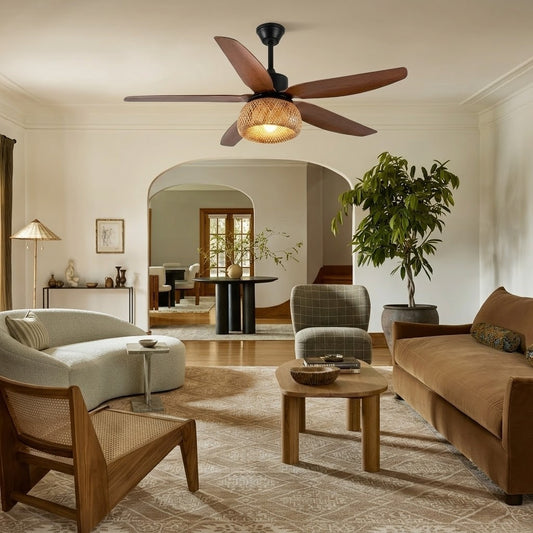 Modern Rustic Rattan Dome Shade Ceiling Fan with Light - 42"/48"/58" Remote Fan
