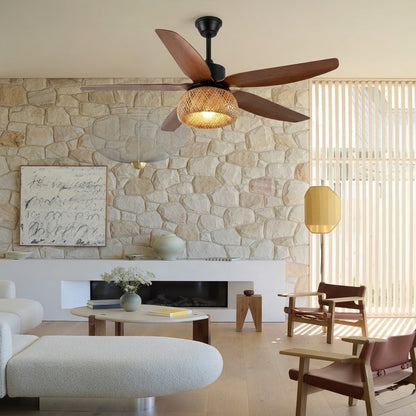 Modern Rustic Rattan Dome Shade Ceiling Fan with Light - 42"/48"/58" Remote Fan