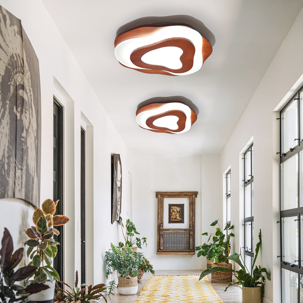 Modern Organic Wood Flush Mount Ceiling Light - Japandi Topographic LED Lamp