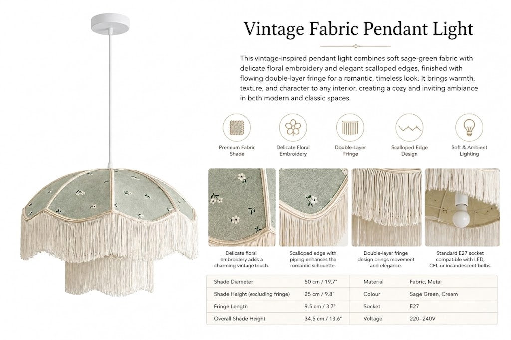 Vintage Floral Fabric Fringe Pendant Light