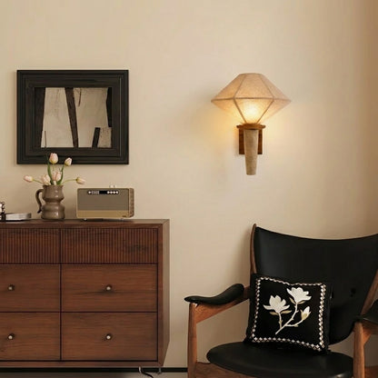 Natural Wood Fabric Geometric Japandi Wall Sconce