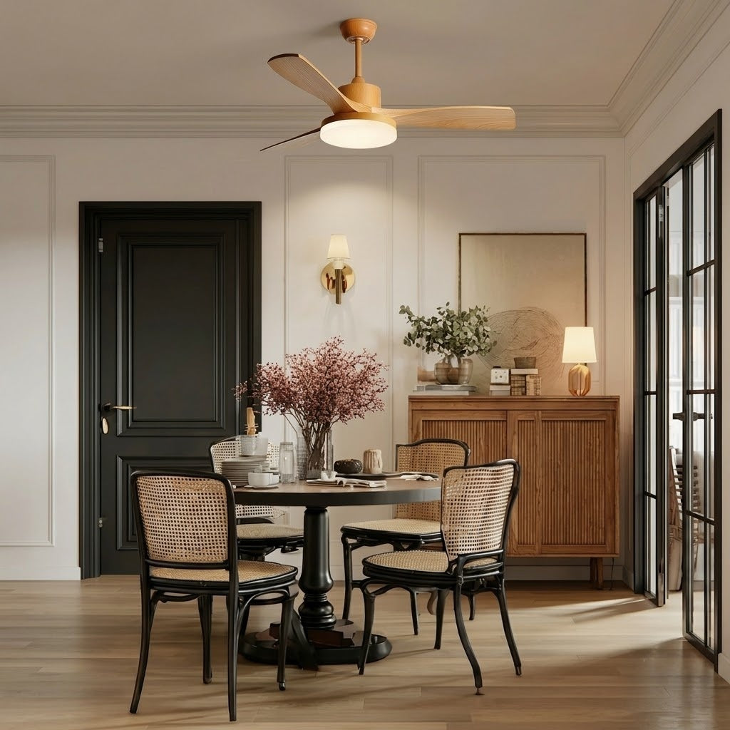 Modern Style Ceiling Fan with Light Natural Wood Finish & LED for Bedroom