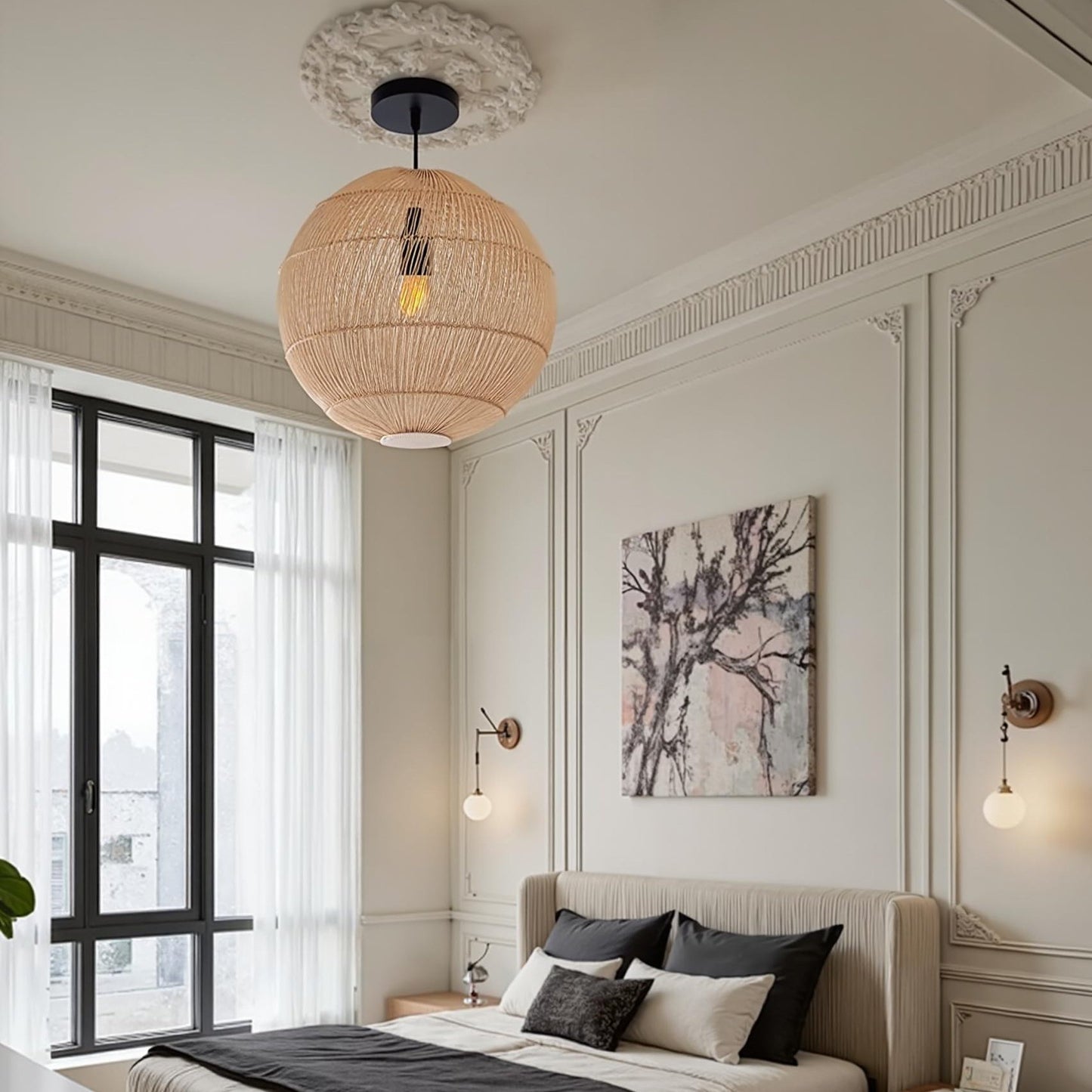 Modern Rattan Globe Pendant Light - Hand-Woven Boho Orb Chandelier