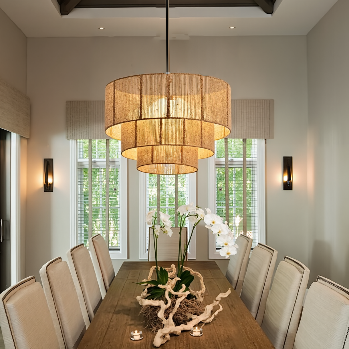 Modern 3-Tier Natural Jute Rope Chandelier - Layered Boho Drum Pendant Light