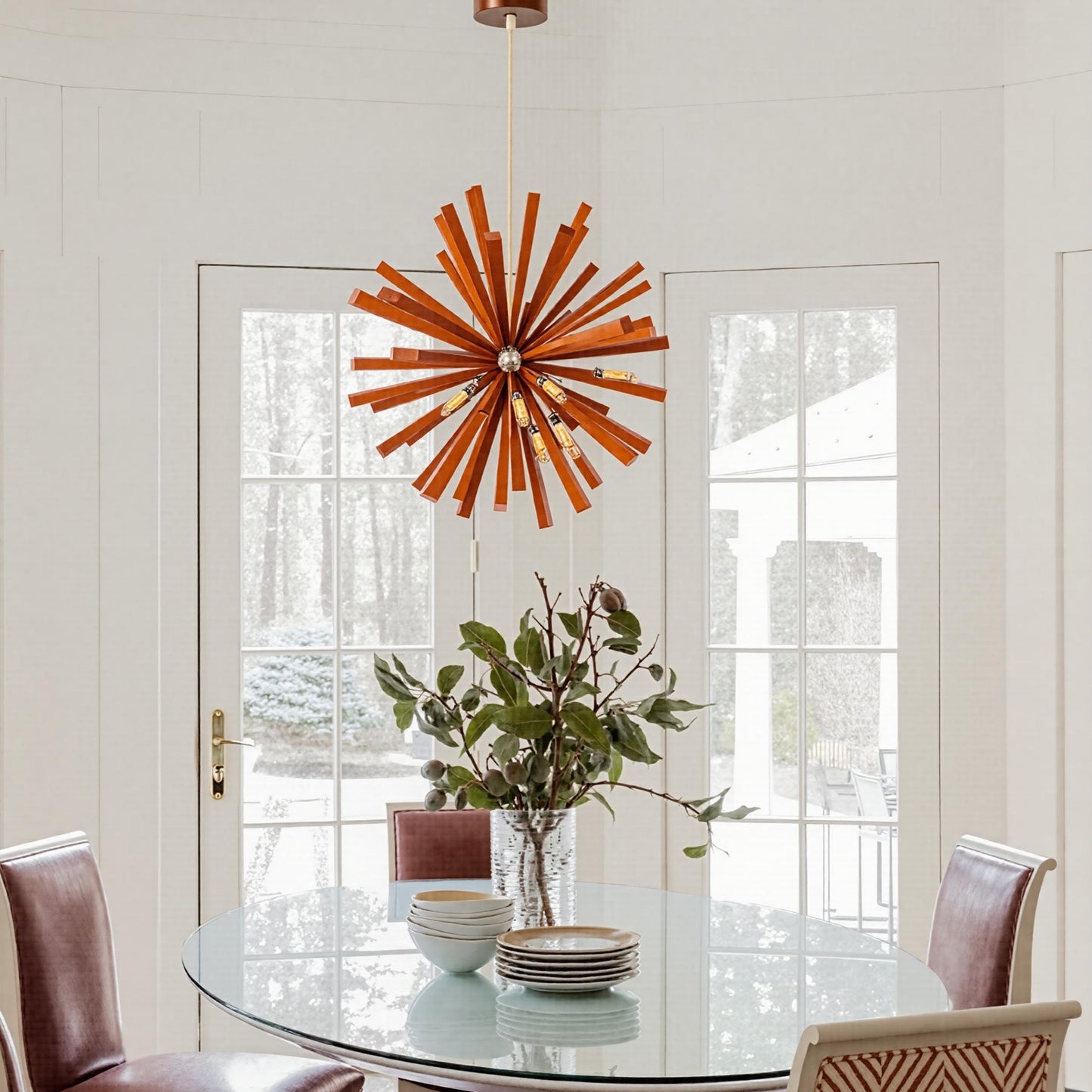 Mid-Century Solid Wood Starburst Chandelier - Retro Wooden Sputnik Pendant Light