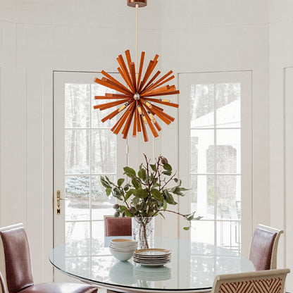 Mid-Century Solid Wood Starburst Chandelier - Retro Wooden Sputnik Pendant Light