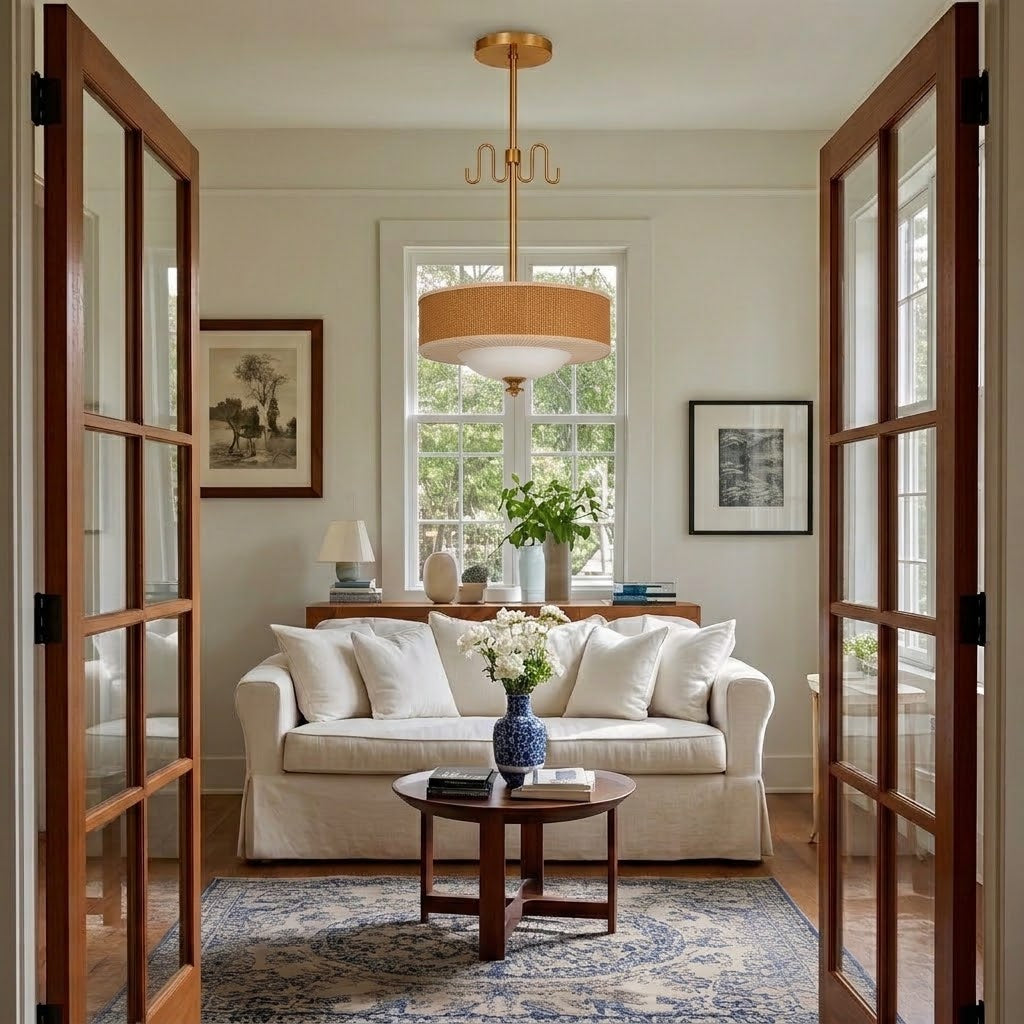Mid-Century Rattan Pendant Light with Brass Detail