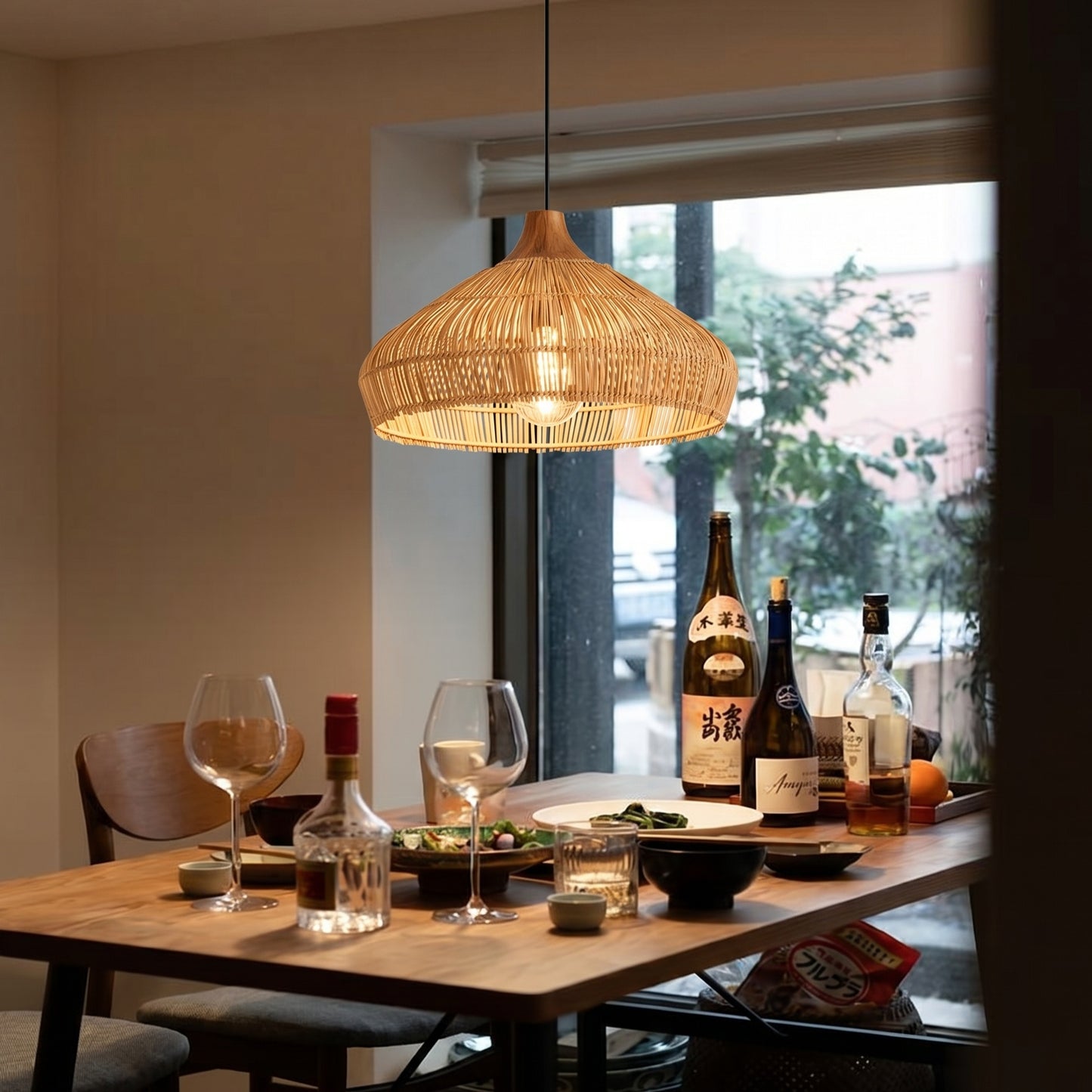 Wabi-sabi Retro Rattan Pendant Wicker Light Fixture Hand-Woven Coastal Boho Dome Lamp