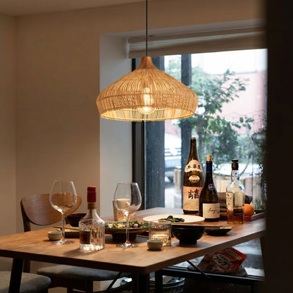 Wabi-sabi Retro Rattan Pendant Wicker Light Fixture Hand-Woven Coastal Boho Dome Lamp