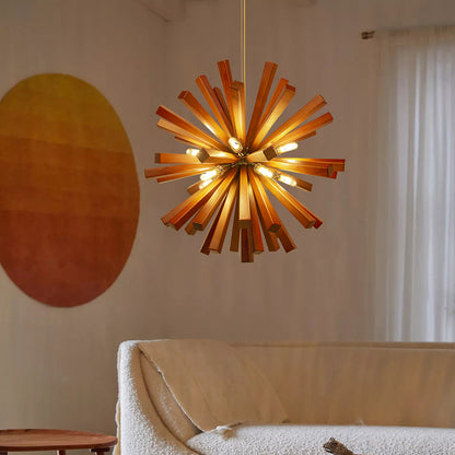 Mid-Century Solid Wood Starburst Chandelier - Retro Wooden Sputnik Pendant Light