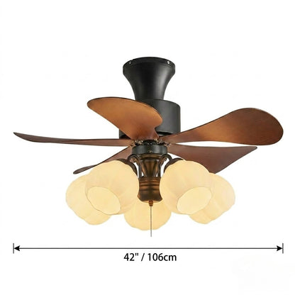 Nordic Wood Effect Ceiling Fan with Light, Frosted Flower Glass Shades for Bedroom & Living Room