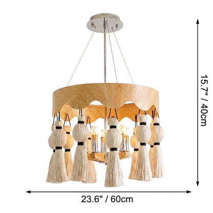 Modern Rustic Wood Tassel Chandelier - 6-Light Pendant