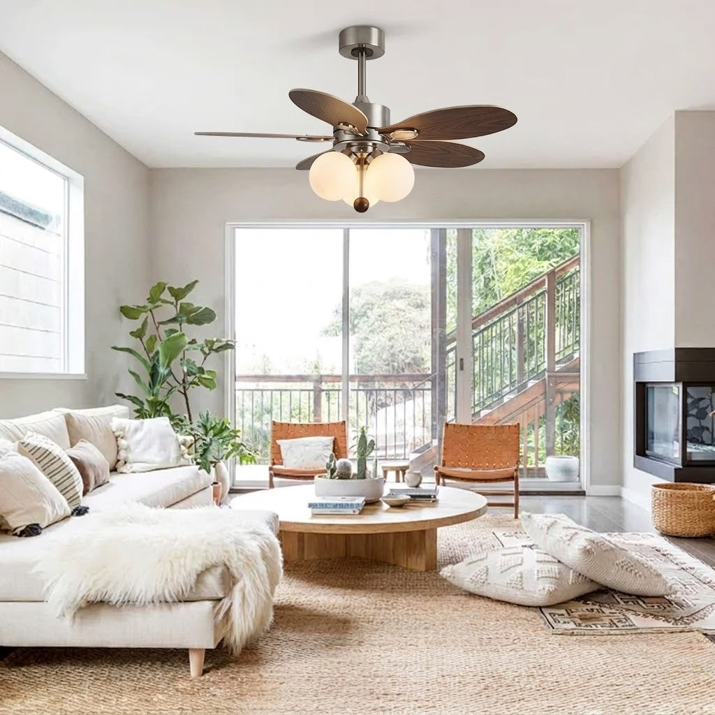 Modern Style Ceiling Fan with Light Iron & Glass Shades for Bedroom