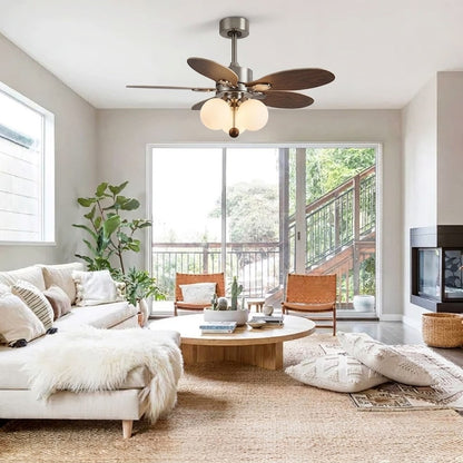 Modern Style Ceiling Fan with Light Iron & Glass Shades for Bedroom