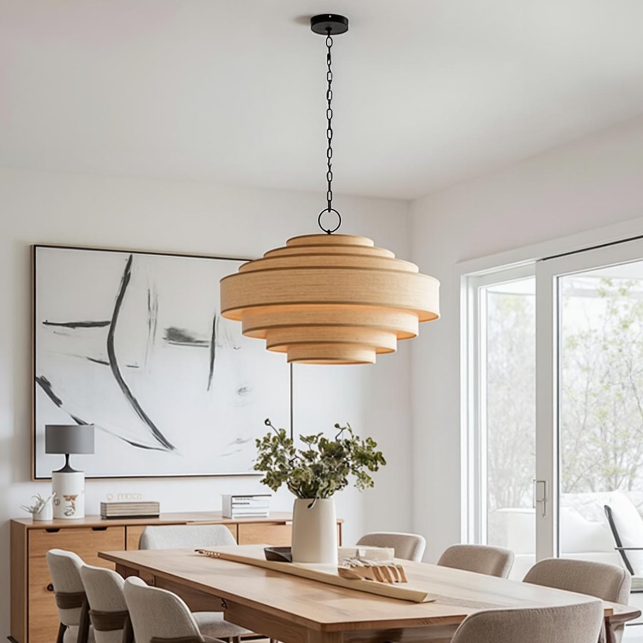 Modern Tiered Wood Veneer Chandelier - Japandi Pagoda Pendant Light