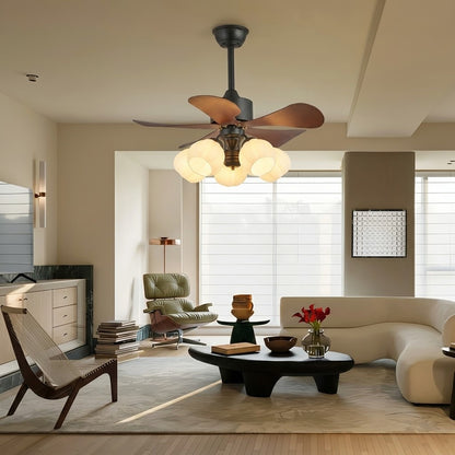 Nordic Wood Effect Ceiling Fan with Light & Hanging Rod for Bedroom & Living Room