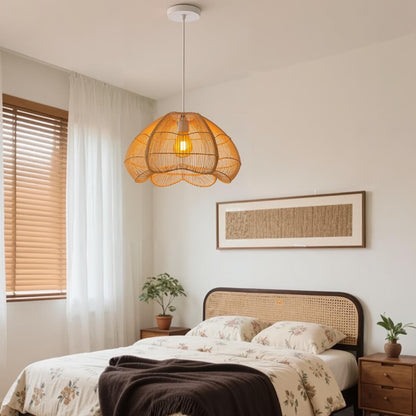 Modern Hand-Woven Rattan Scalloped Pendant Light - Japandi Fluted Dome Chandelier