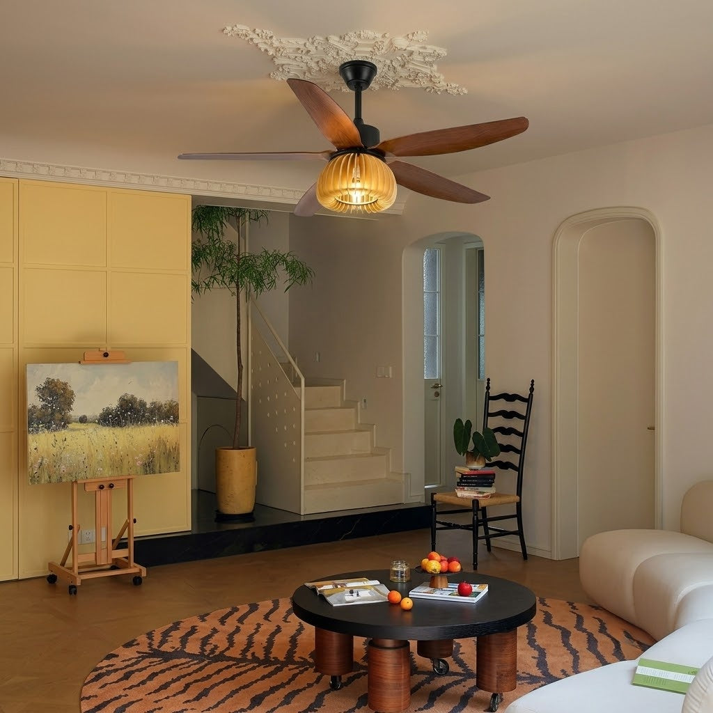 Modern Rustic Pumpkin Shape Wooden Ceiling Fan with Light - 42"/48"/58" Remote Fan