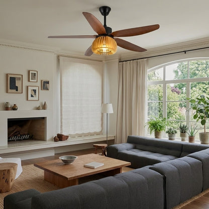 Modern Rustic Pumpkin Shape Wooden Ceiling Fan with Light - 42"/48"/58" Remote Fan