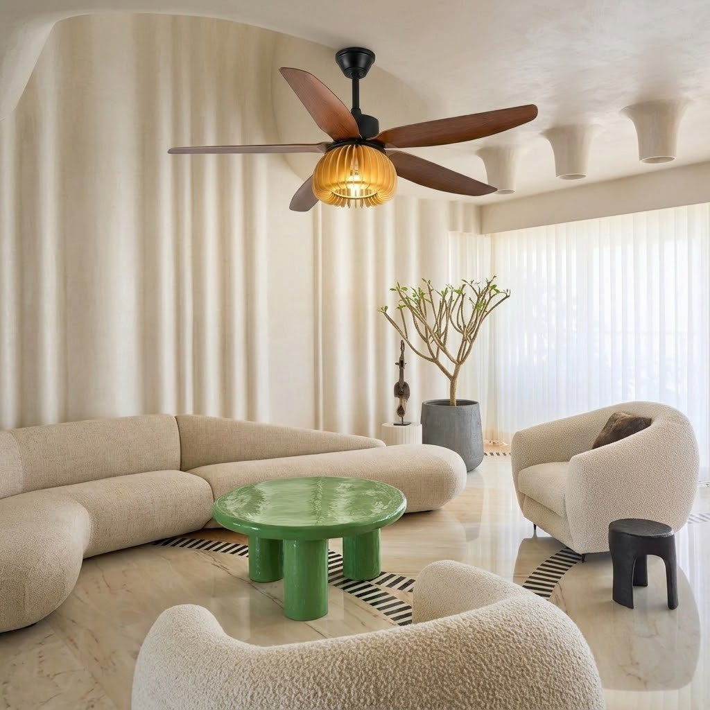 Modern Rustic Pumpkin Shape Wooden Ceiling Fan with Light - 42"/48"/58" Remote Fan